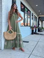 Olive Palm Tree Embroidery Front Tie Halter Maxi Dress