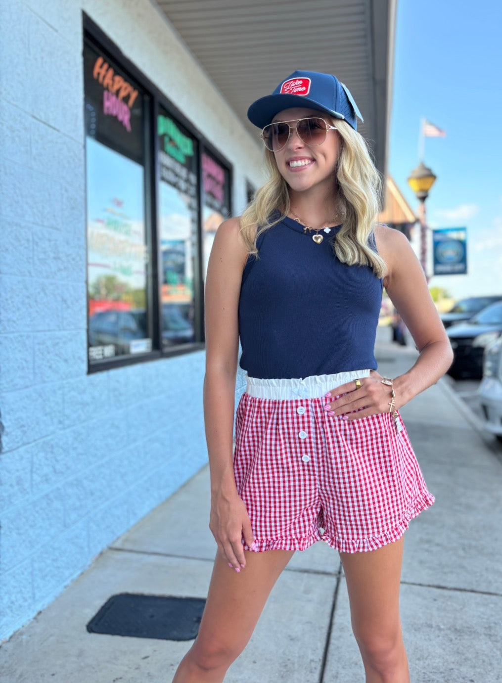 RED Sweet Gingham Button-Front Shorts
