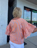 ORANGE Charming Gingham Scallop Edge Wild Ruffle TOP