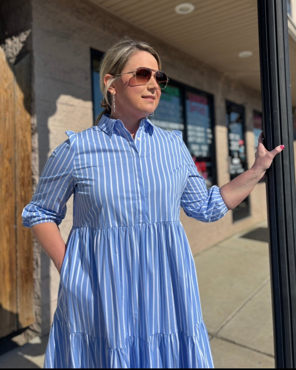 Striped Poplin Collared ¾ Sleeve Tiered Button Up Maxi Dress