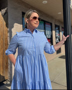 Striped Poplin Collared ¾ Sleeve Tiered Button Up Maxi Dress