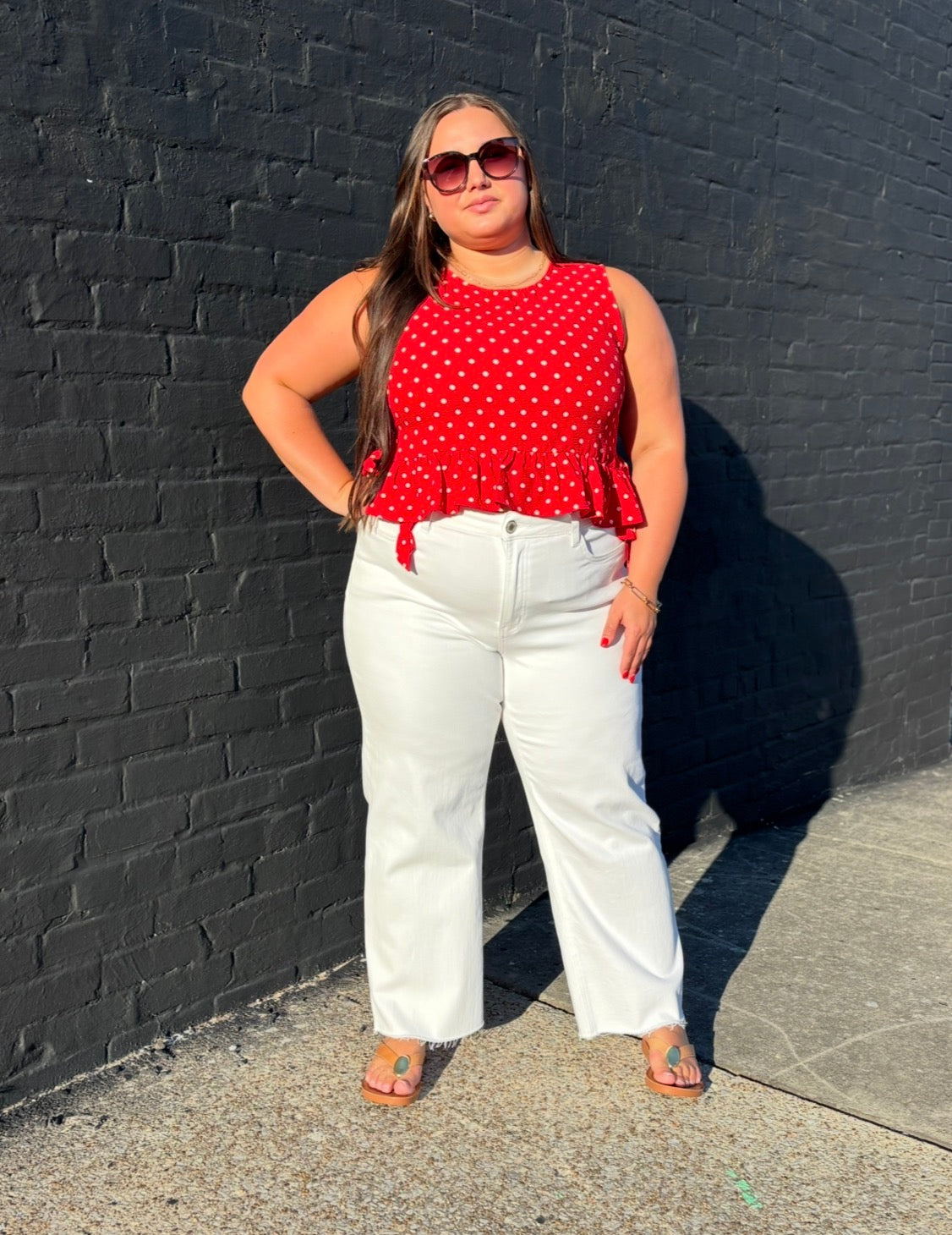 RED DOT-Side Tie Detail Ruffled Top