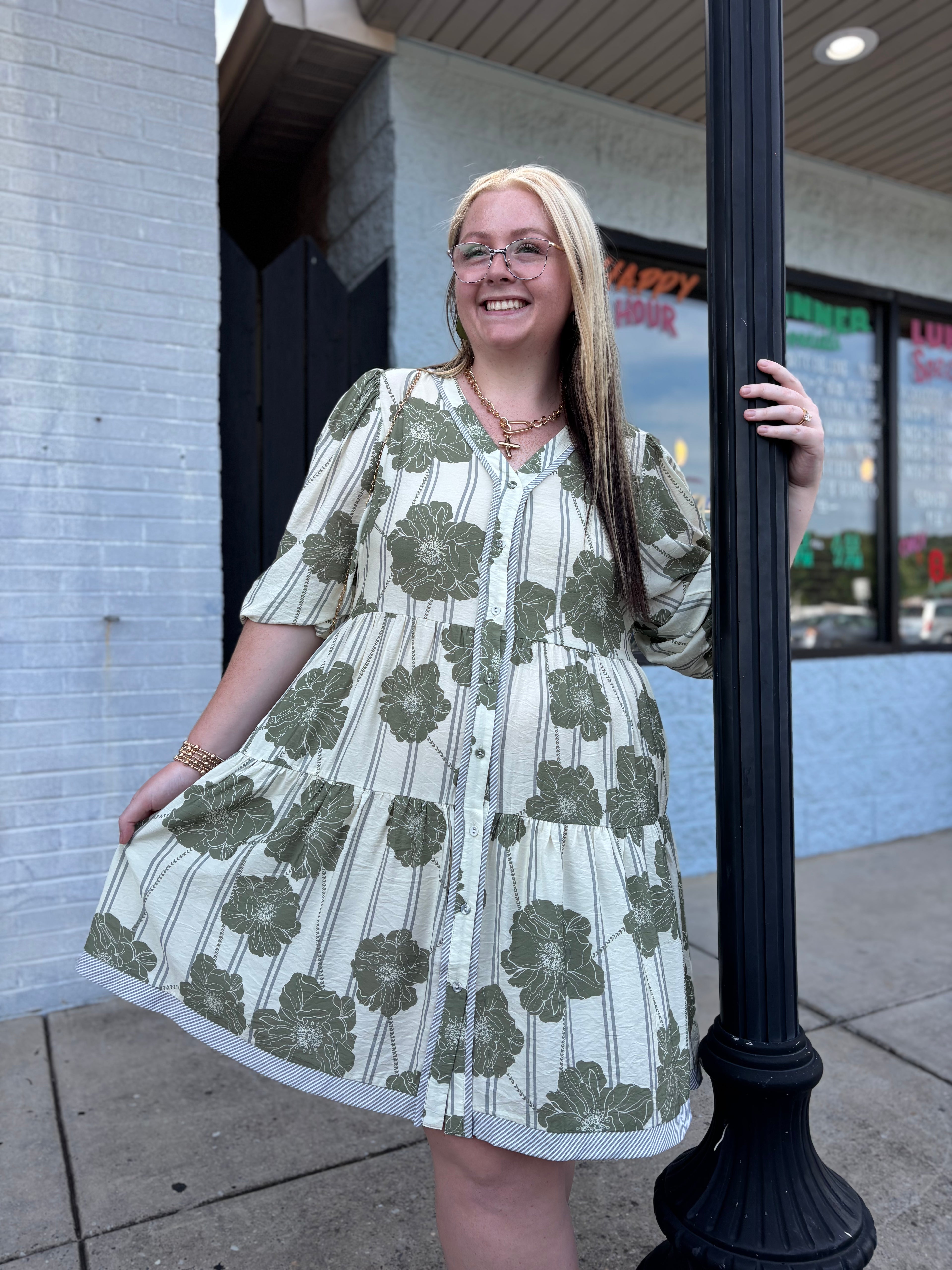 Plus SAGE Botanical Printed Pintuck Dress
