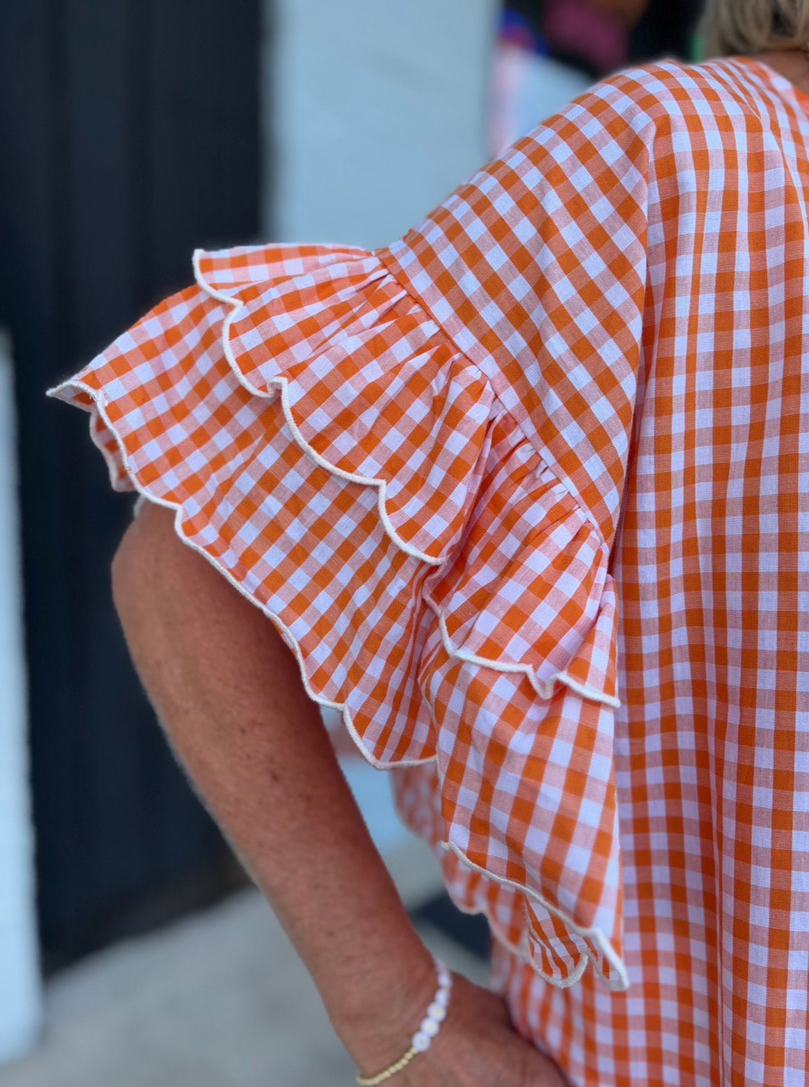 ORANGE Charming Gingham Scallop Edge Wild Ruffle TOP