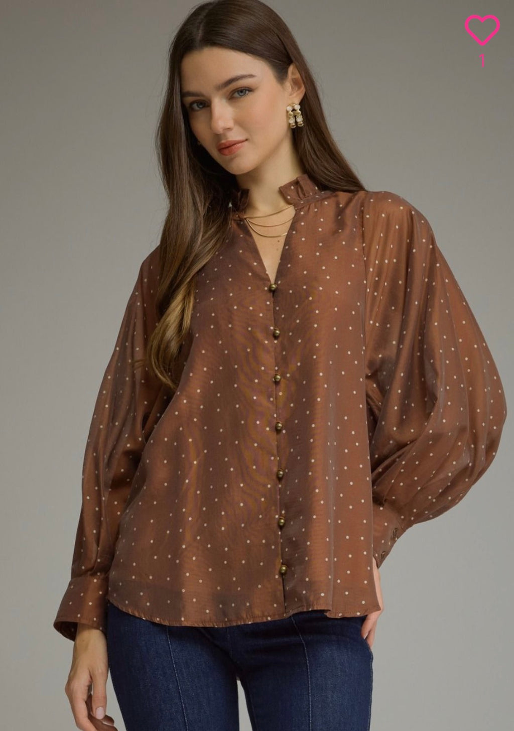 BRONZE POLKA DOT TOP w/button details and sheer arm