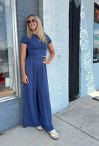 NAVY SHORT SL TOP & WIDE LEG PANT SET