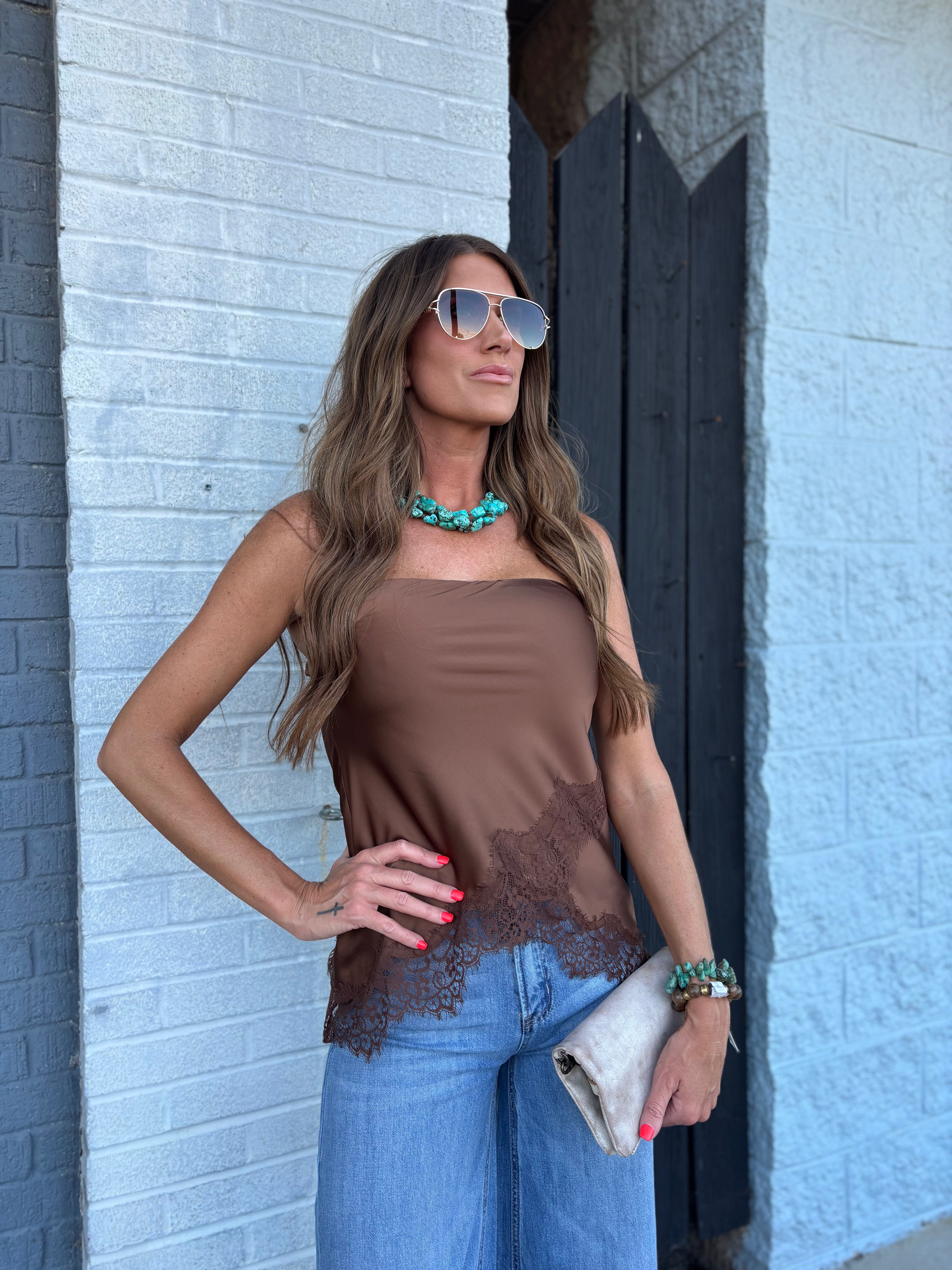 Mocha Satin Asymmetrical Lace Hem Tube Top