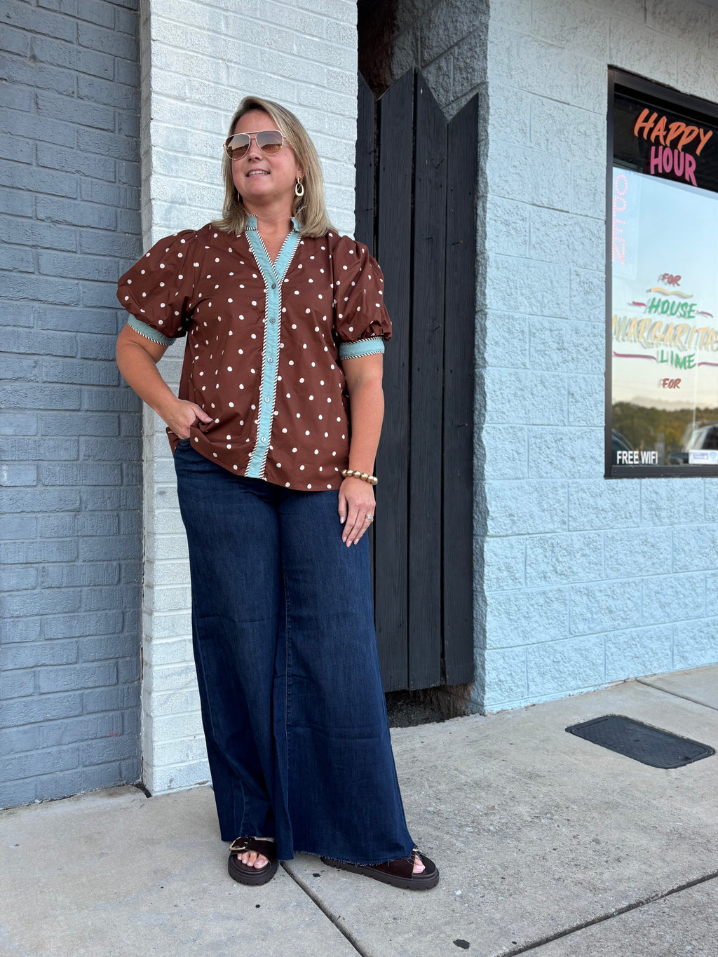 Chocolate/Turquoise polka dot top – ENTRO – view 3