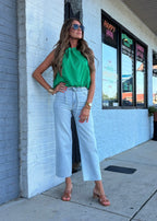 Sleeveless Tie Neck Ruffle Top: GREEN