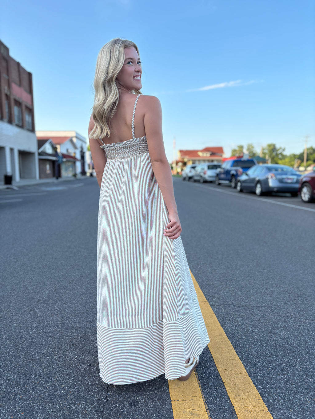 EMBROIDERED SMOCKED STRIPED TUNIC MAXI DRESS : BROWN