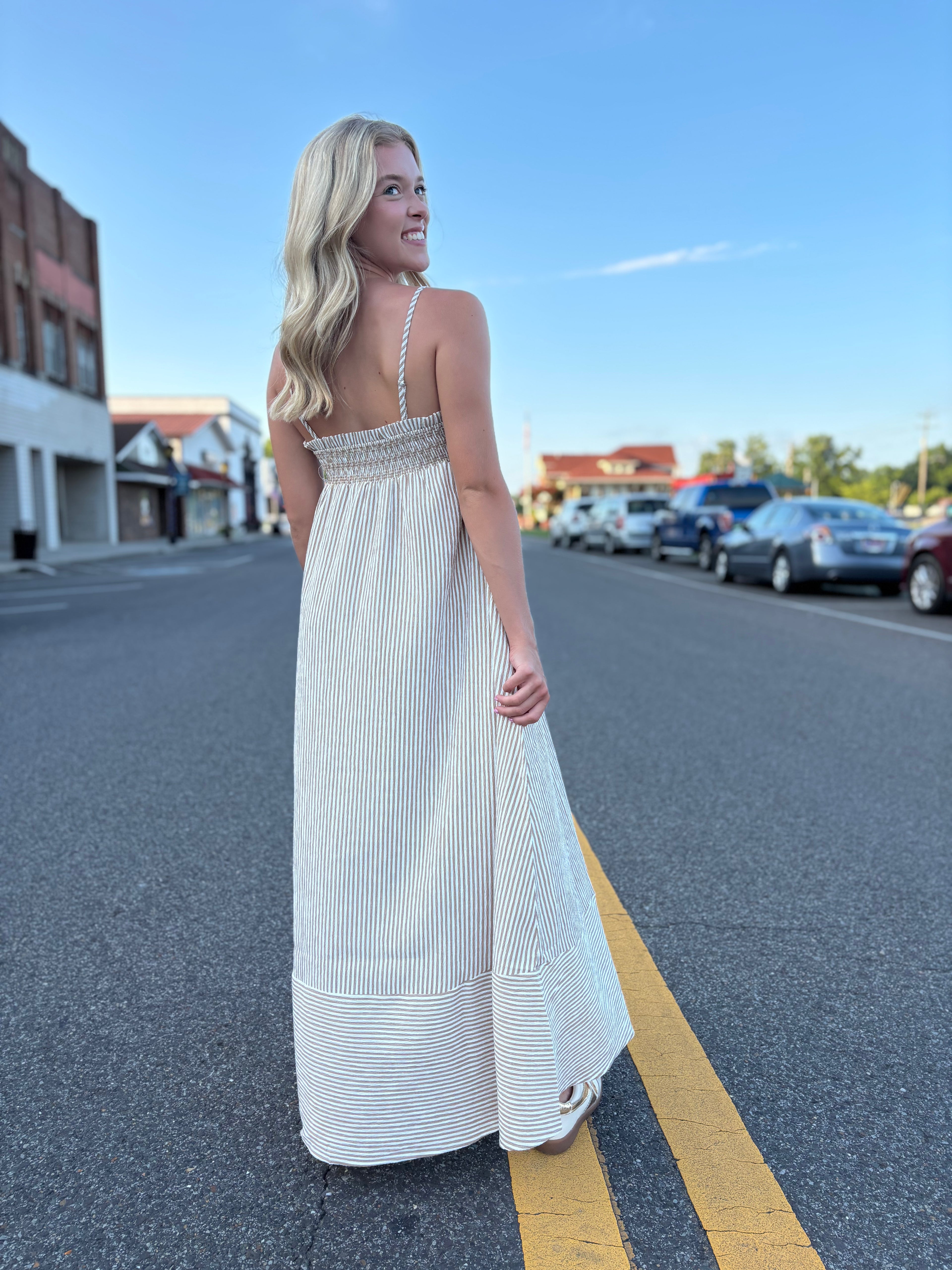 EMBROIDERED SMOCKED STRIPED TUNIC MAXI DRESS : BROWN