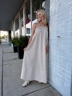 EMBROIDERED SMOCKED STRIPED TUNIC MAXI DRESS : BROWN