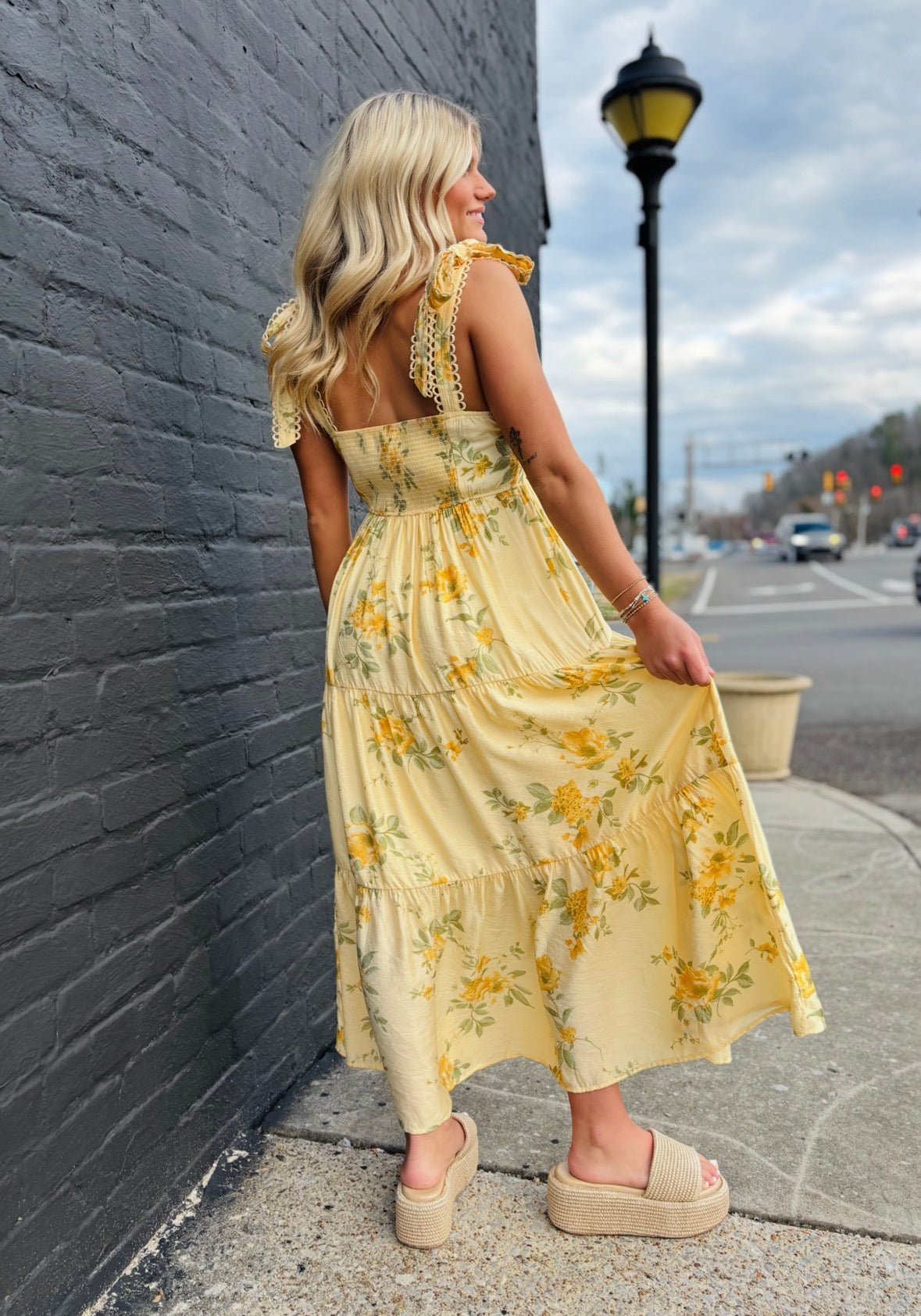 FLORAL TIE STRAP WITH SCALLOP LACE TRIM MIDI DRESS : BUTTER YELLOW MUL BETWEEN THE VINES FLORAL TIE STRAP WITH SCALLOP LACE TRIM MIDI DRESS : BUTTER YELLOW MUL BETWEEN THE VINES