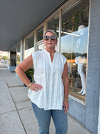 White Ease in Mind Textured Cotton Pleated Tunic Button-Down Shirt