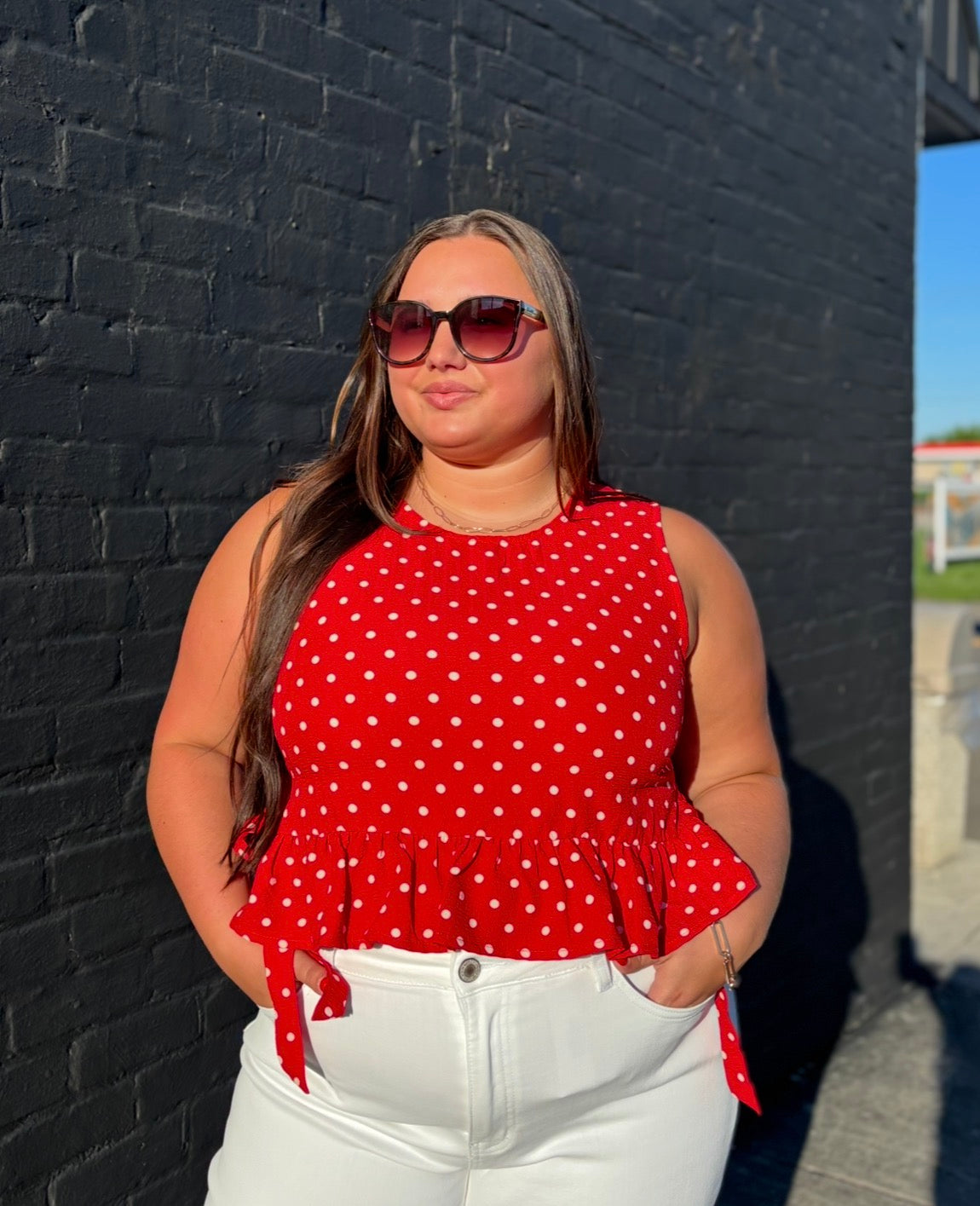 RED DOT-Side Tie Detail Ruffled Top