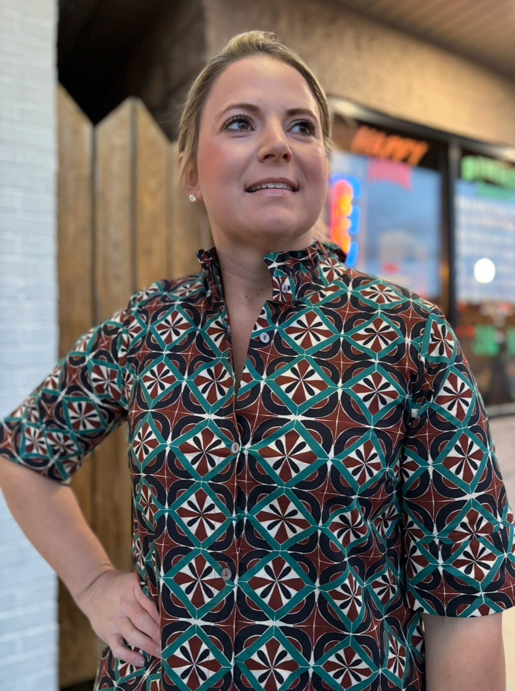 BROWN GEOMECTRIC MIDI DRESS