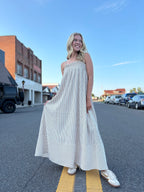 EMBROIDERED SMOCKED STRIPED TUNIC MAXI DRESS : BROWN