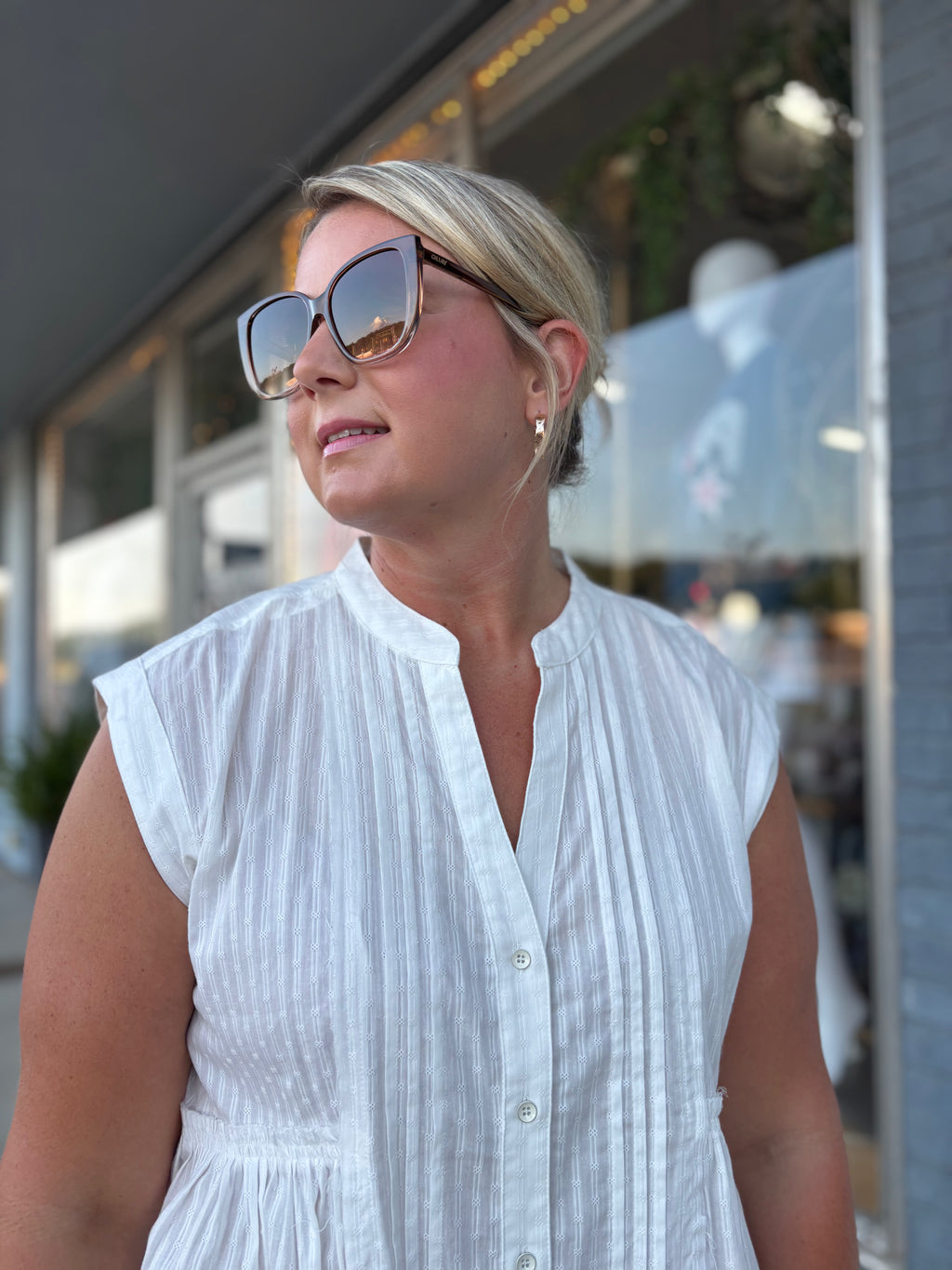 White Ease in Mind Textured Cotton Pleated Tunic Button-Down Shirt