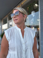White Ease in Mind Textured Cotton Pleated Tunic Button-Down Shirt