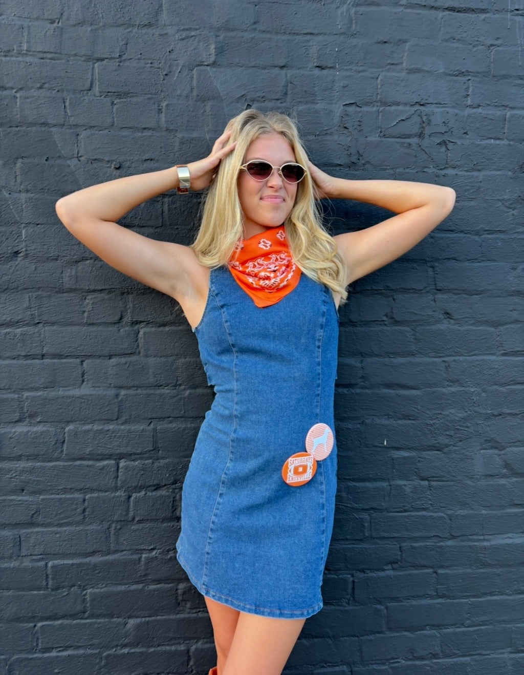 DENIM SLEEVELESS TIE BACK SHEATH DRESS