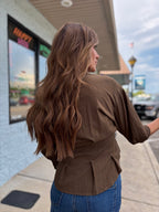 CHOCOLATE DART DETAIL 3/4 STEEVE BUTTON DOWN BLOUSE