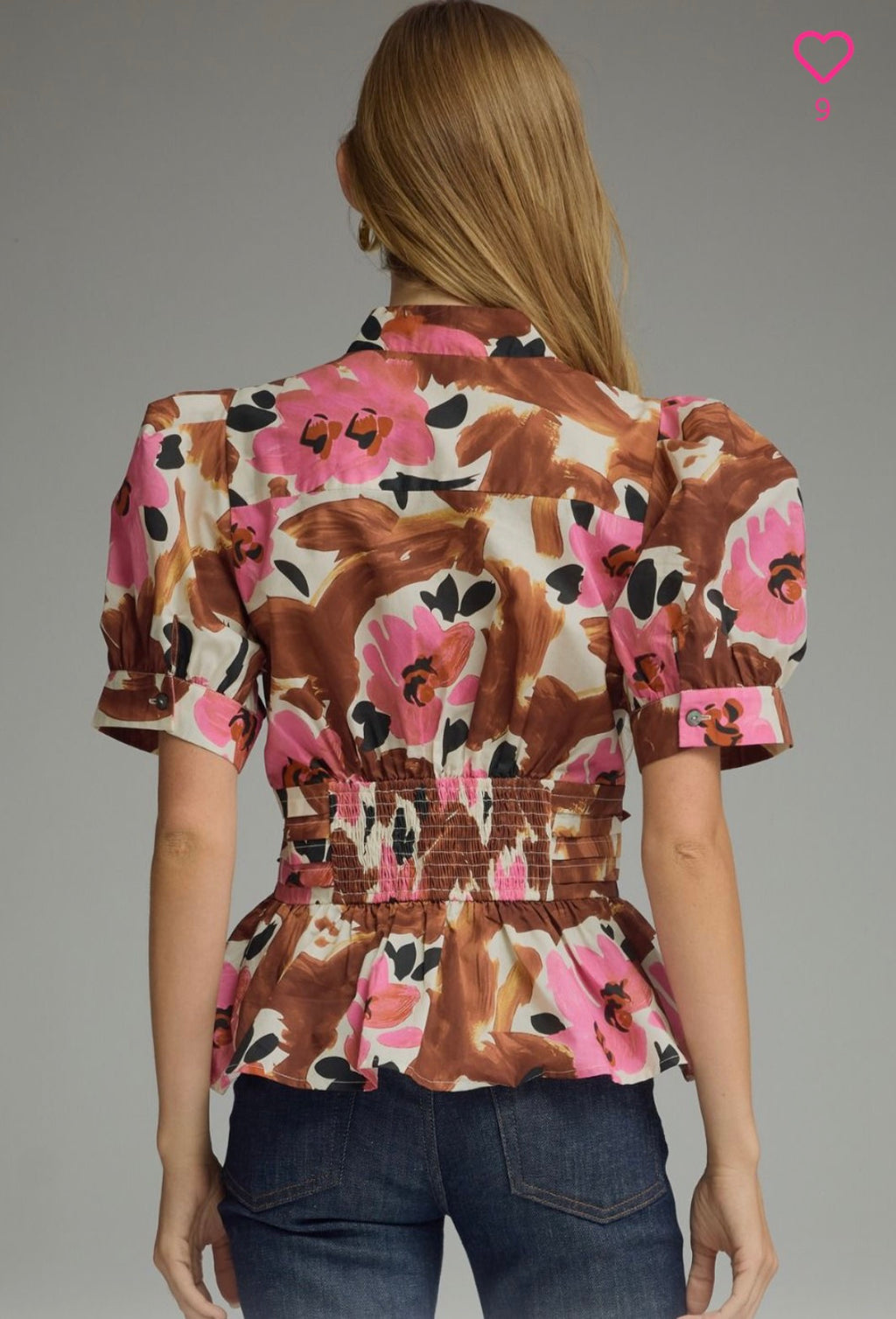 BROWN/PINK FLORAL PEPLUM TOP – ENTRO – view 3