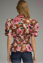 BROWN/PINK FLORAL PEPLUM TOP – ENTRO – view 3