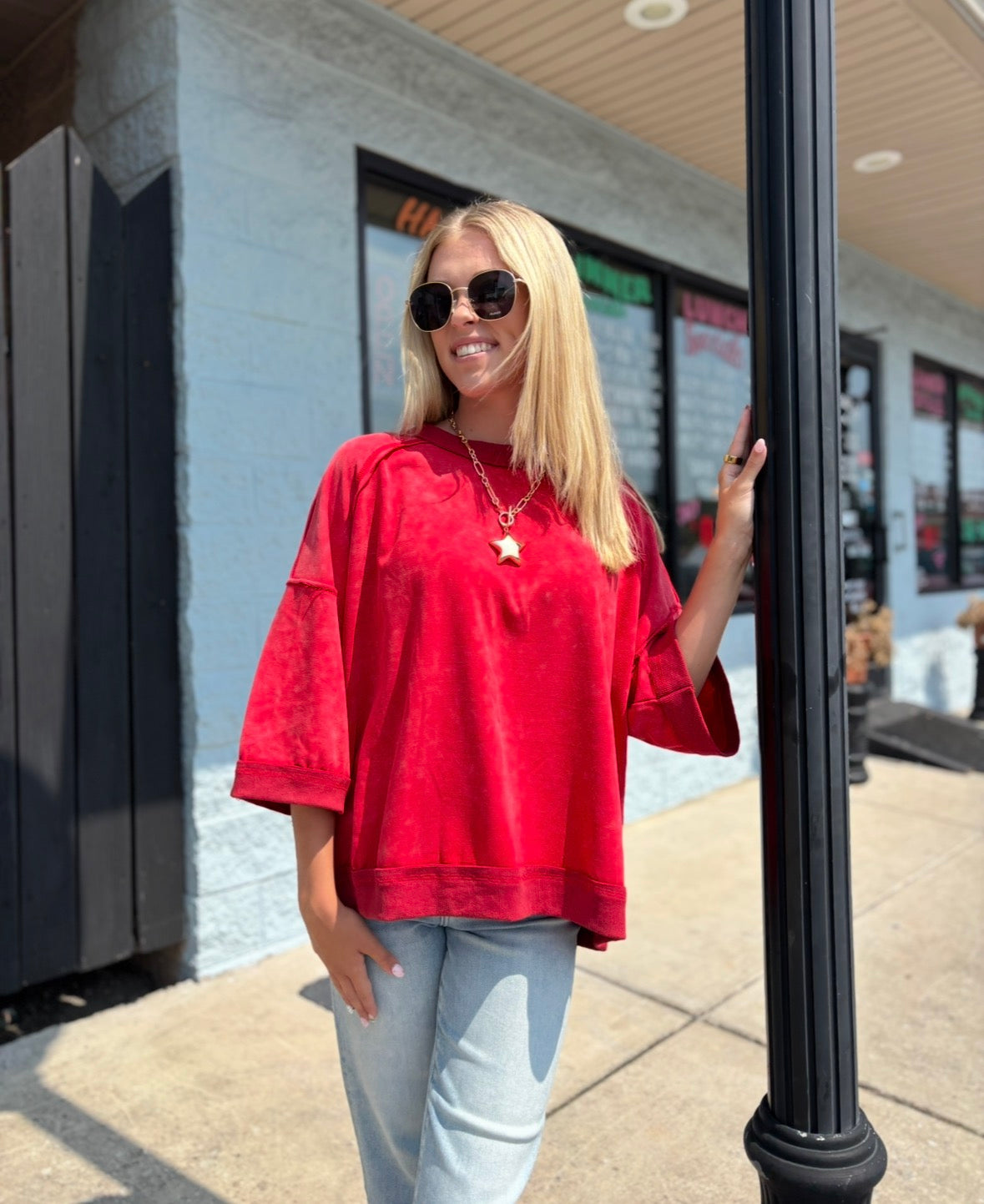 RED Mineral-Washed Oversized French Terry Top