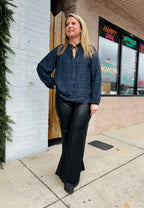 MIDNIGHT NAVY SPLIT NECK BLOUSE W/SELF TIE SMOCKING