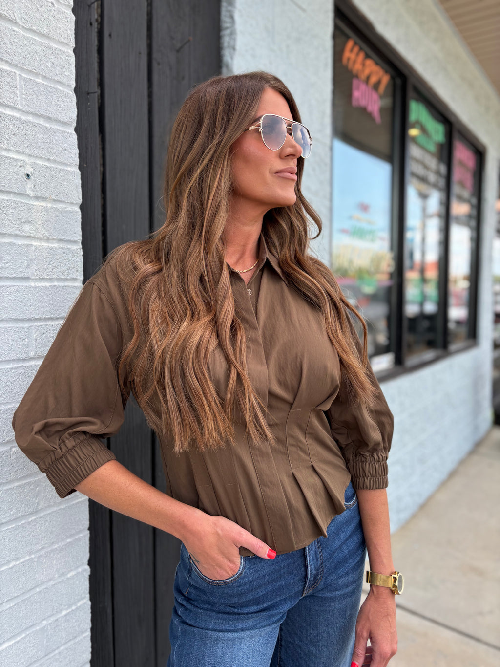 CHOCOLATE DART DETAIL 3/4 STEEVE BUTTON DOWN BLOUSE
