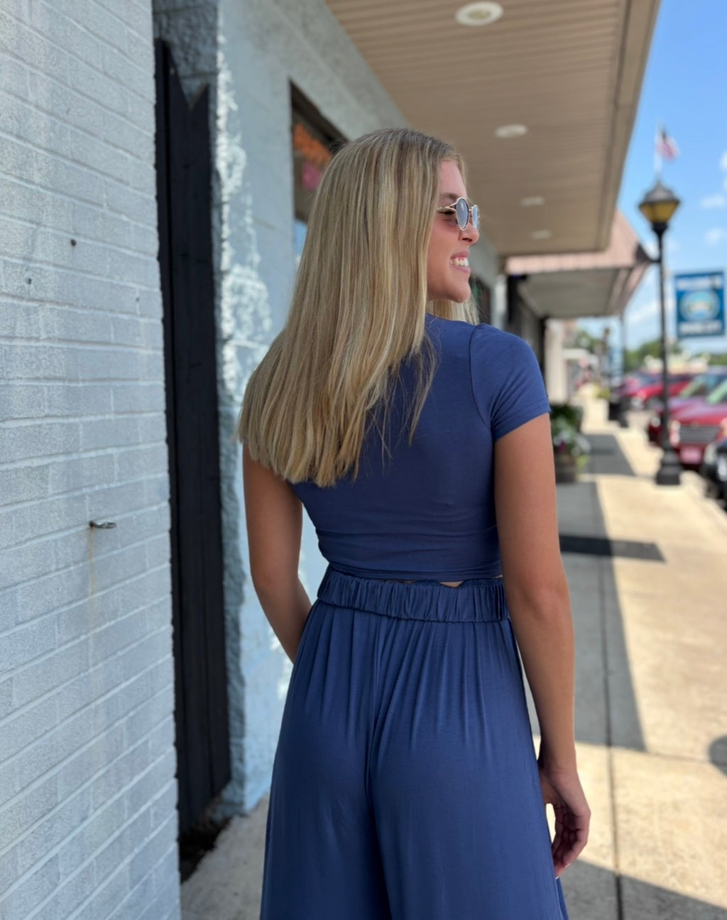 NAVY SHORT SL TOP & WIDE LEG PANT SET