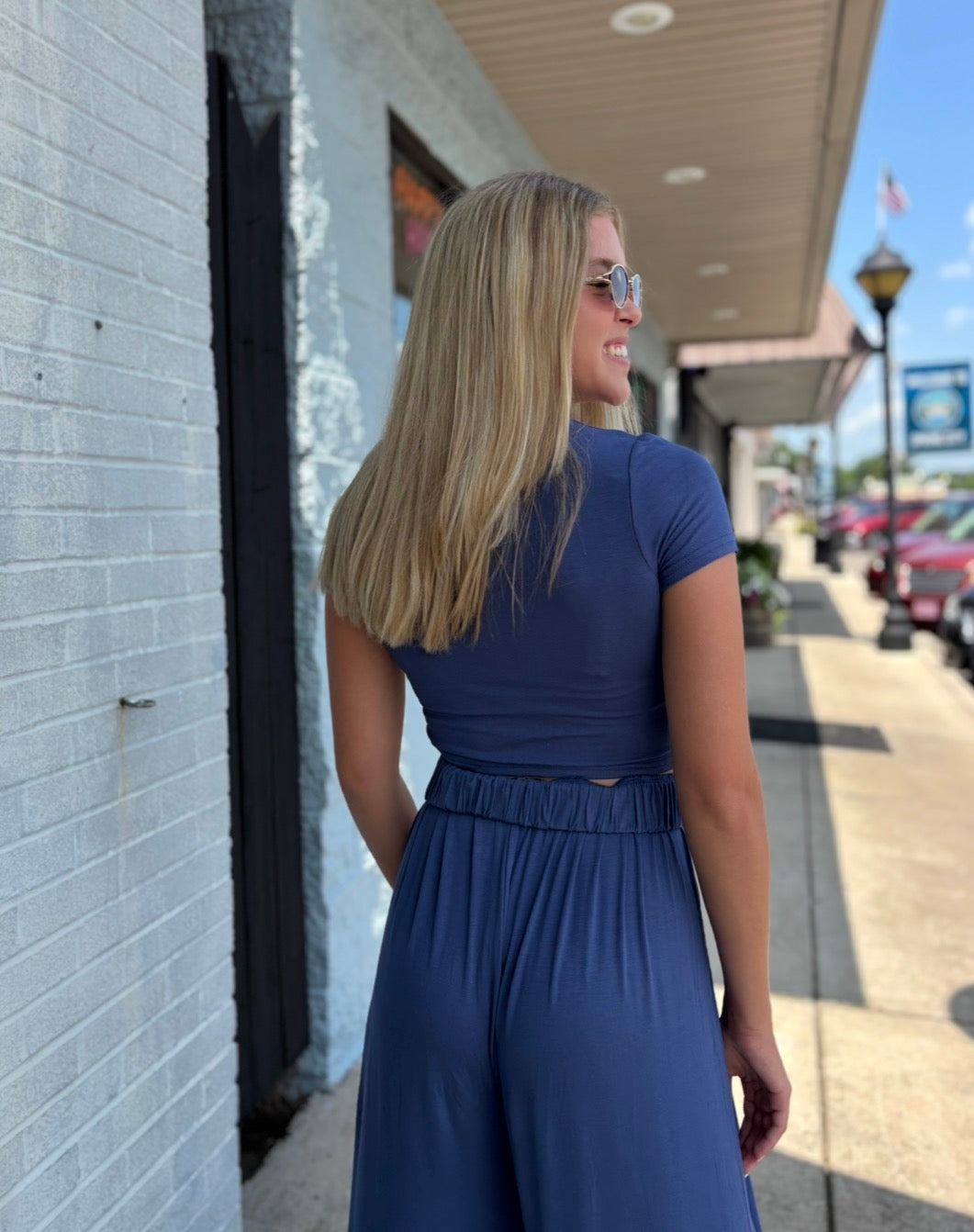 NAVY SHORT SL TOP & WIDE LEG PANT SET