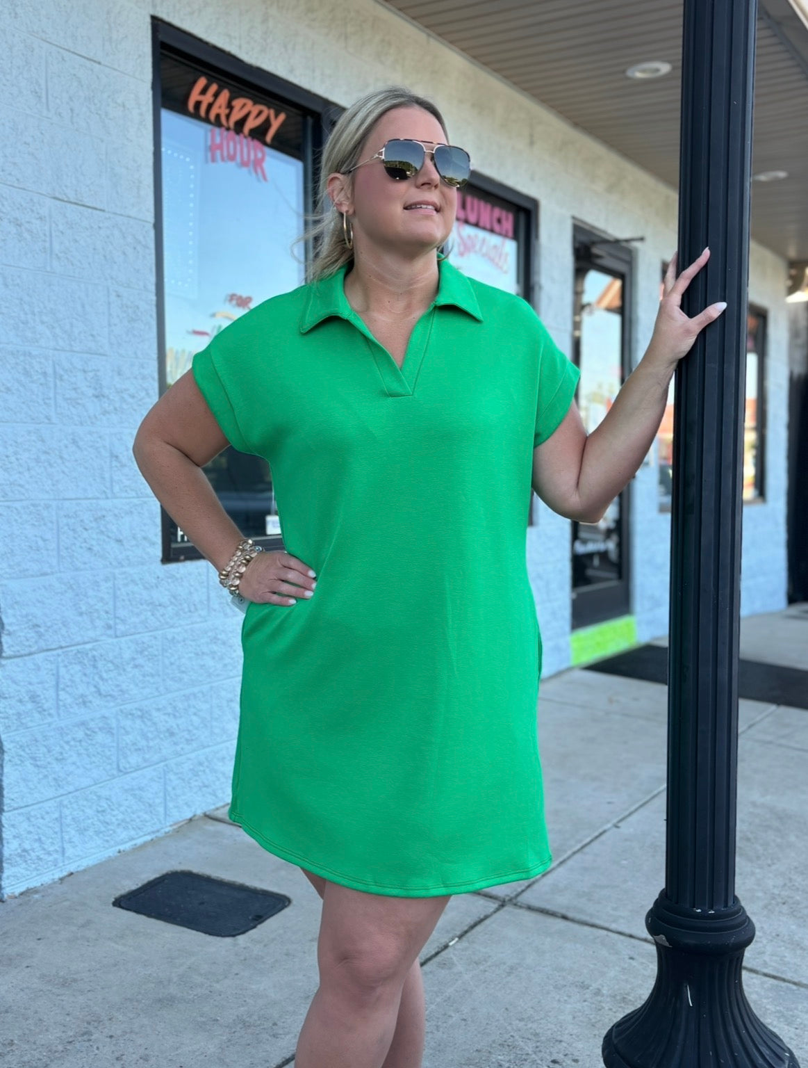 Kelly Green Sporty Modal Scuba Polo Collar Dress