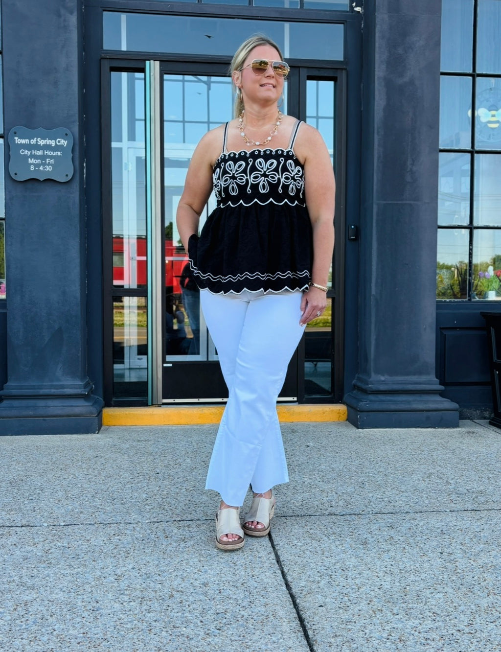 BLACK/IVORY Embroidered Top with Contrast Detail