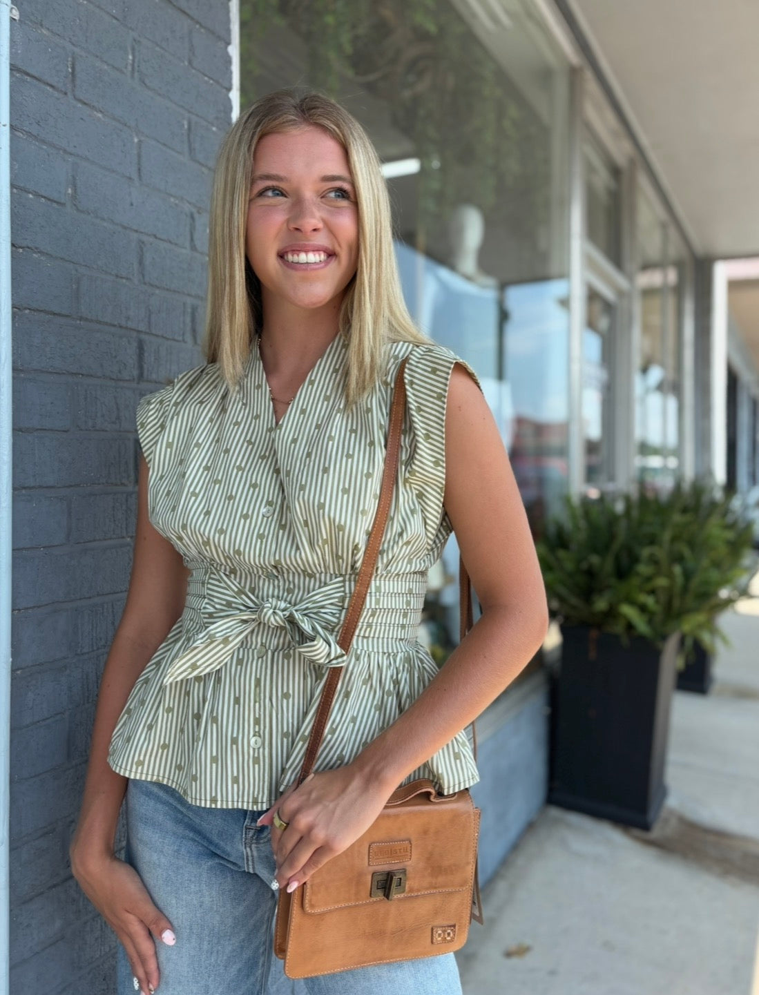 Olive Stripe Print V-Neck Sleeveless Top w/Tie Waist