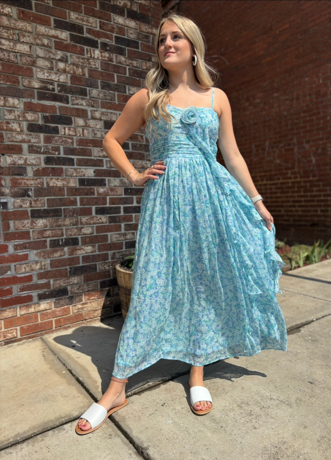 CORNFLOWER MULTI ROSETTE FLORAL MAXI DRESS