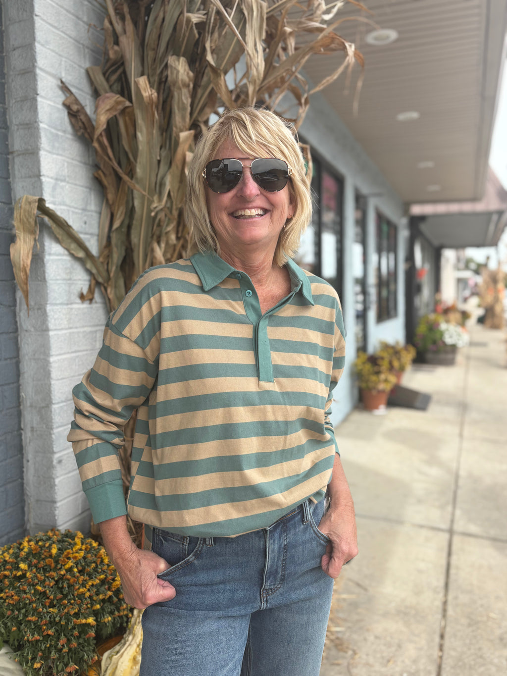 TAUPE/DUSTY TEAL Oversized Stripe Rugby Polo Top