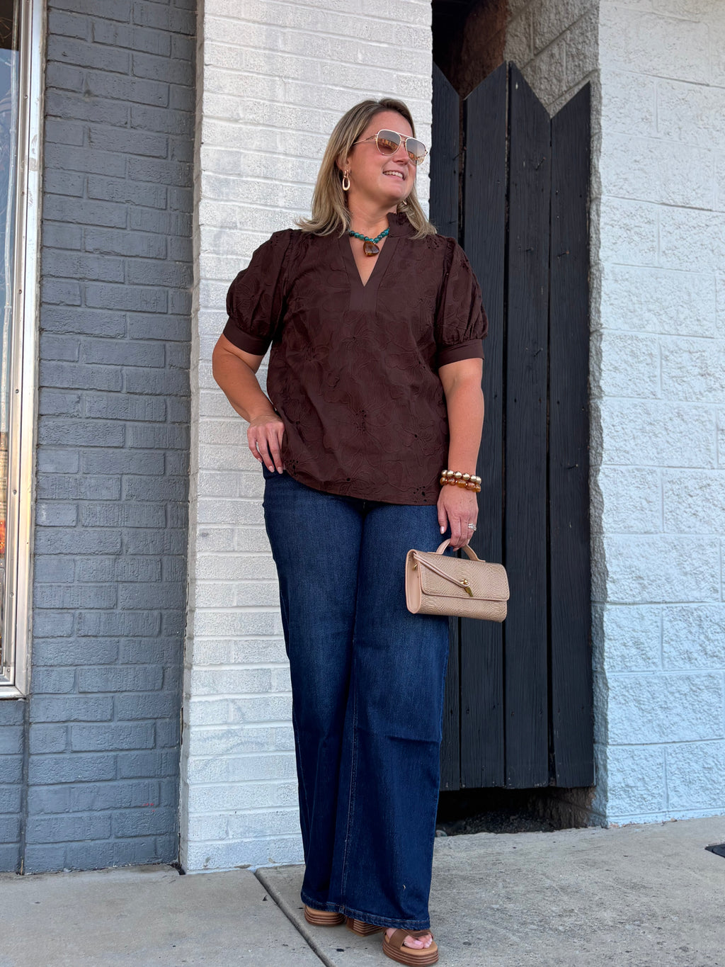 BROWN Elsie Eyelet Top