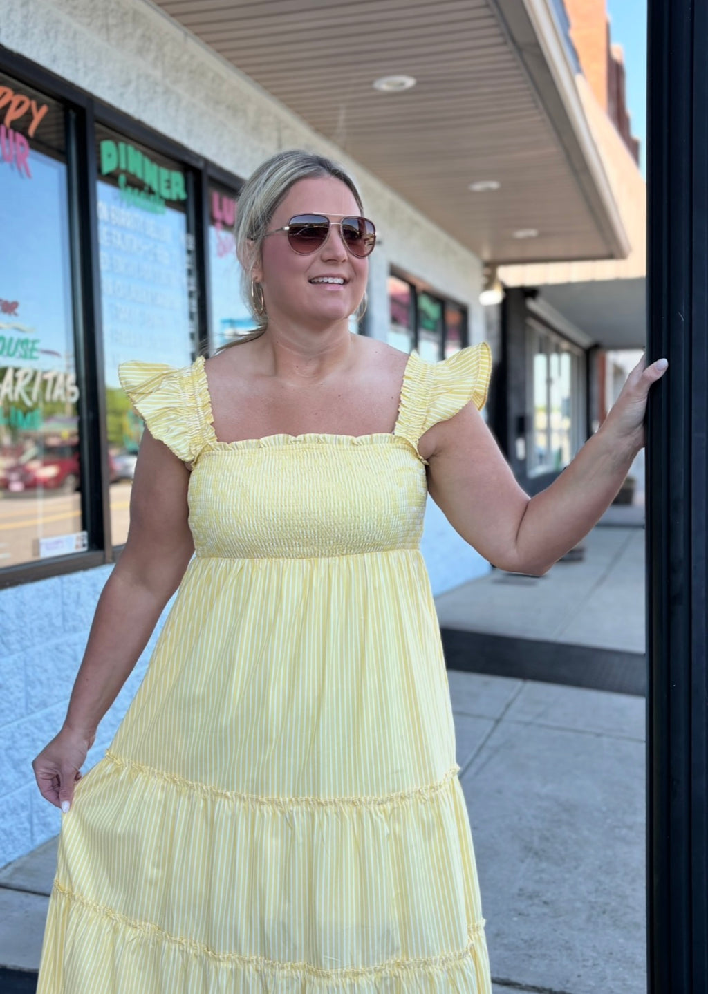 YELLOW/WHITE STRIPE MAXI DRESS W/SMOCKING