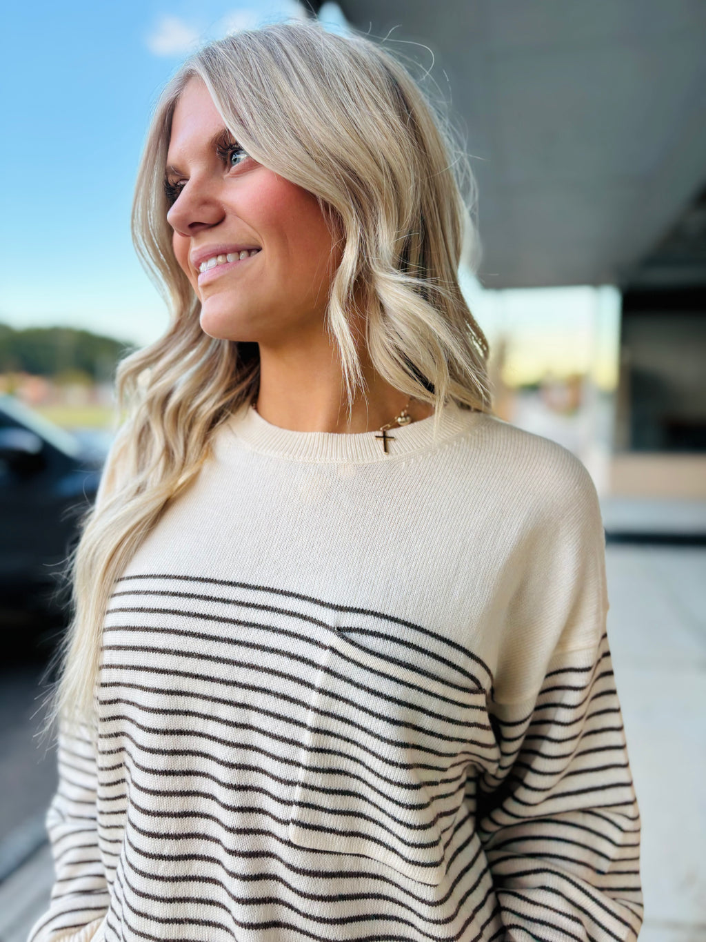 STRIPED KNIT MOCHA SWEATER