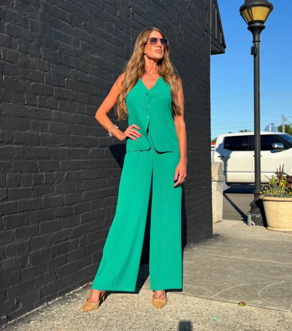 Kelly Green Recycled Polyester High-Waisted Trousers