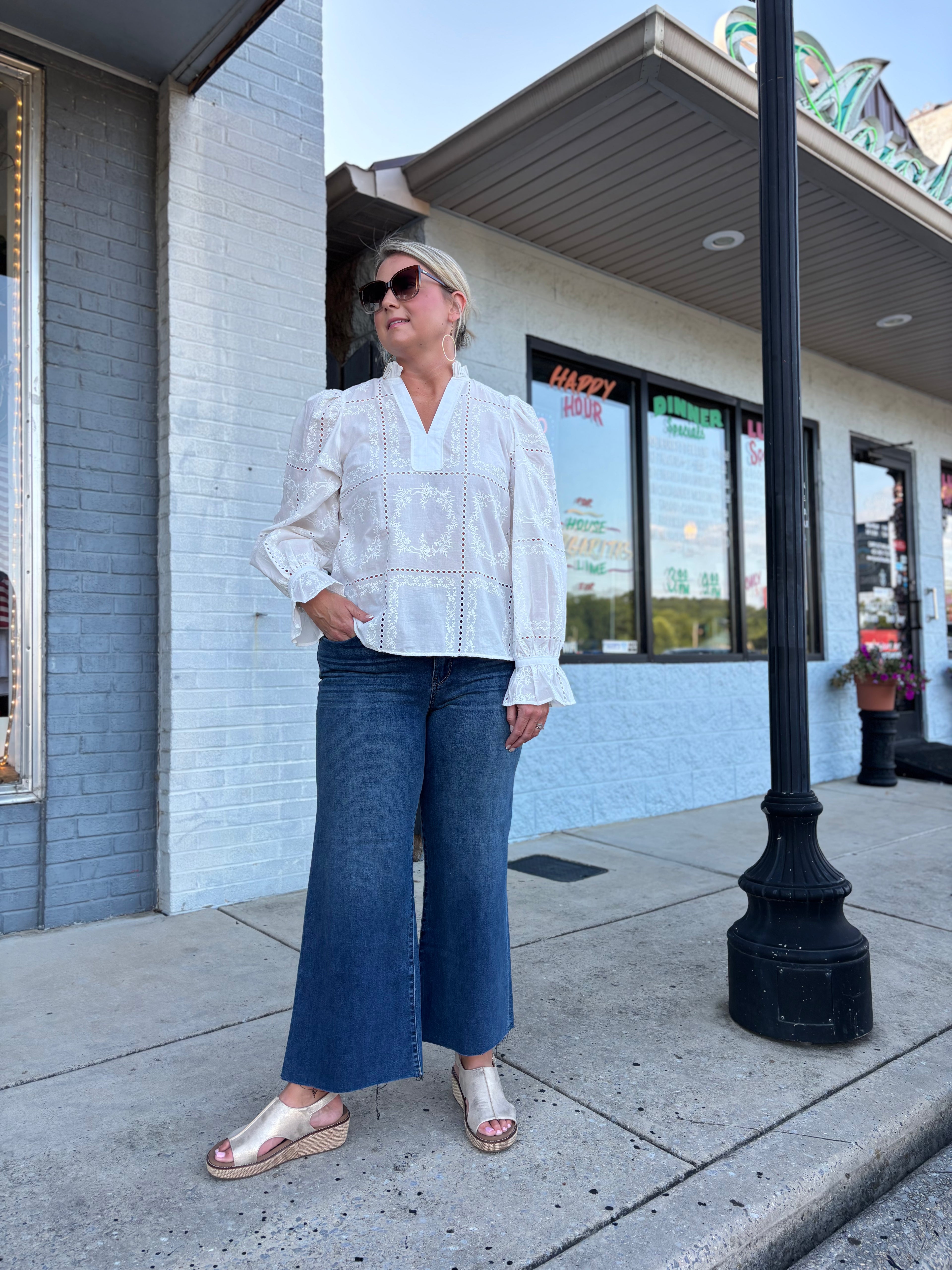 White Blouse W/Scallop Trim, Eyelet Cutouts