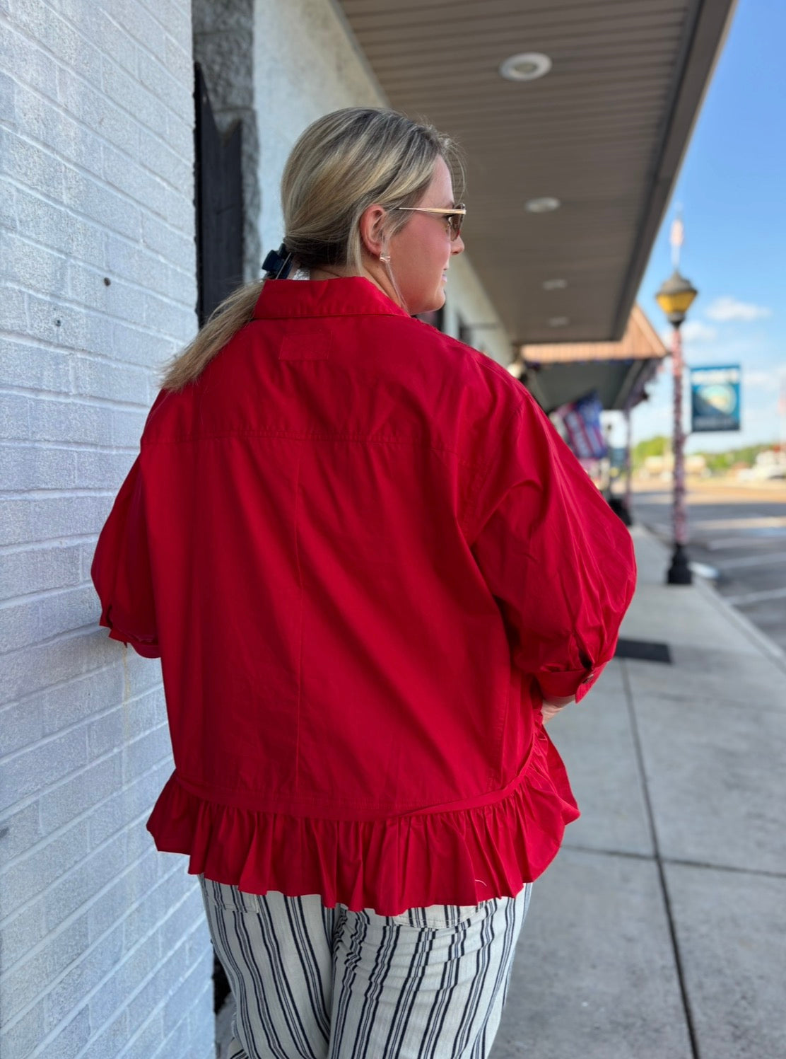 Red Ruffle Hem Button Front Poplin Top