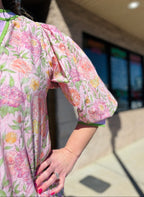 Lt  Pink Floral 3/4 Puff Sleeve Top