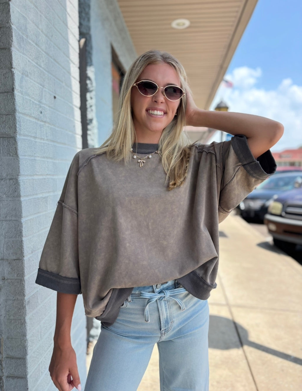Mocha Mineral-Washed Oversized French Terry Top