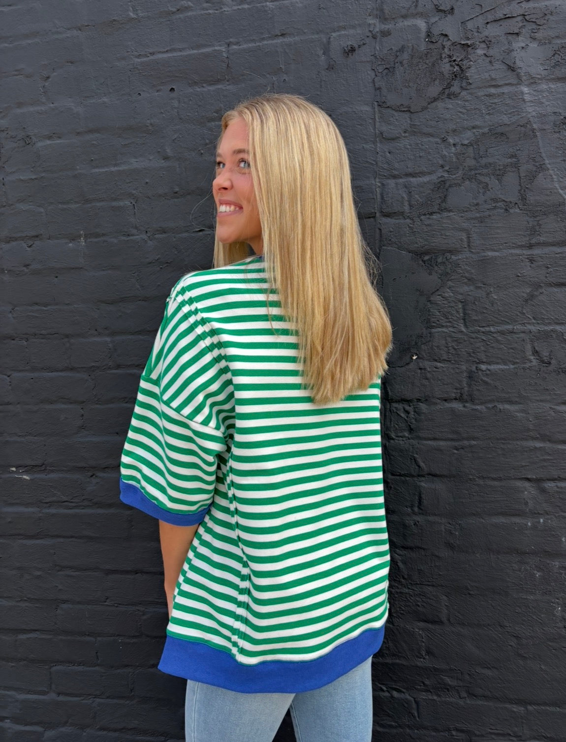 Kelly Green/Cream Oversized Stripe Casual Knit Top