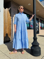 Striped Poplin Collared ¾ Sleeve Tiered Button Up Maxi Dress