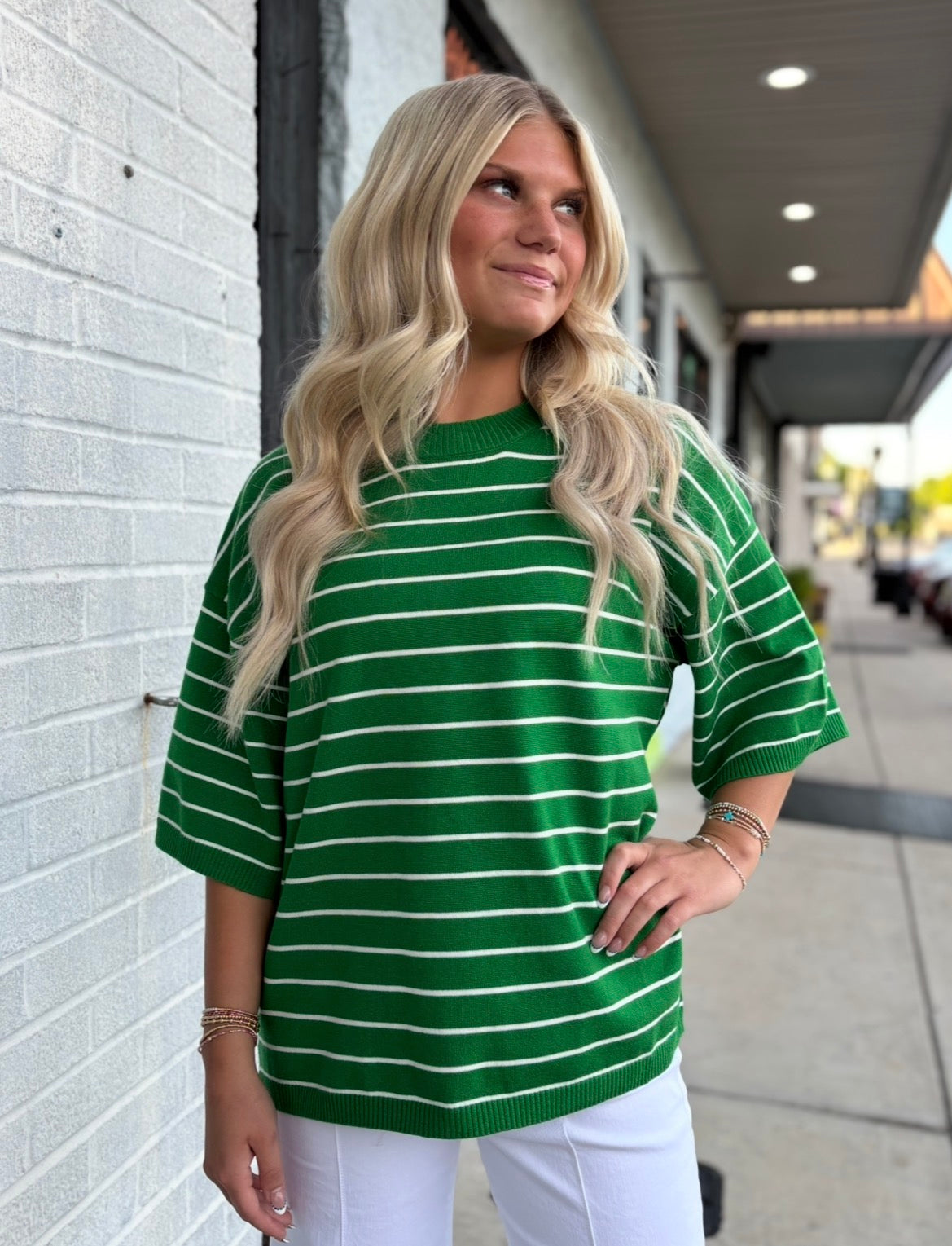 GRREN/WHITE Oversized Striped Knit Short Sleeve Top
