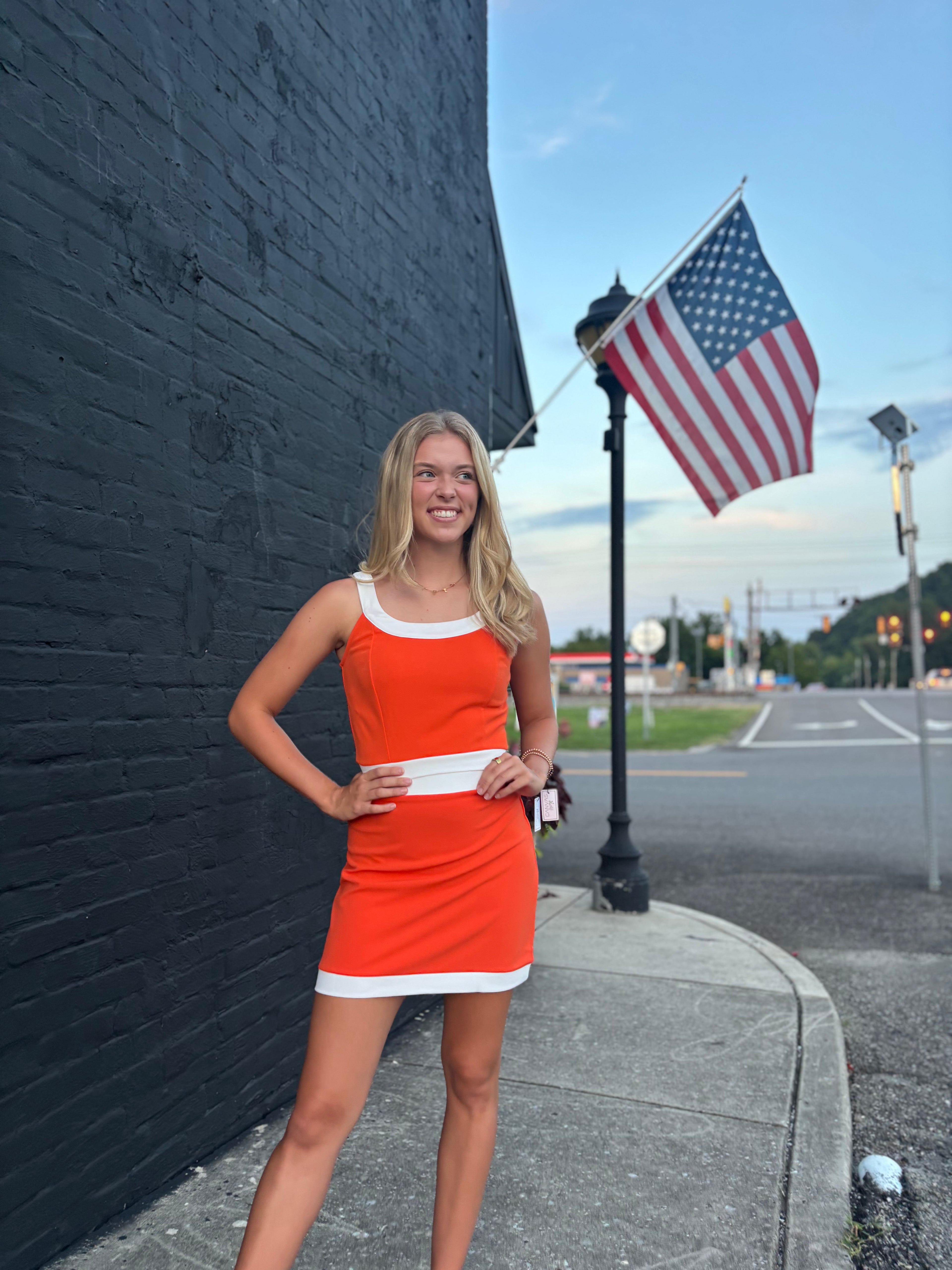 Orange/White Game Day Retro Contrast Trim Two-Piece Skirt Set