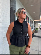 Black Solid Ruffle Collar Sleeveless Peplum Top with Ruffle Hem